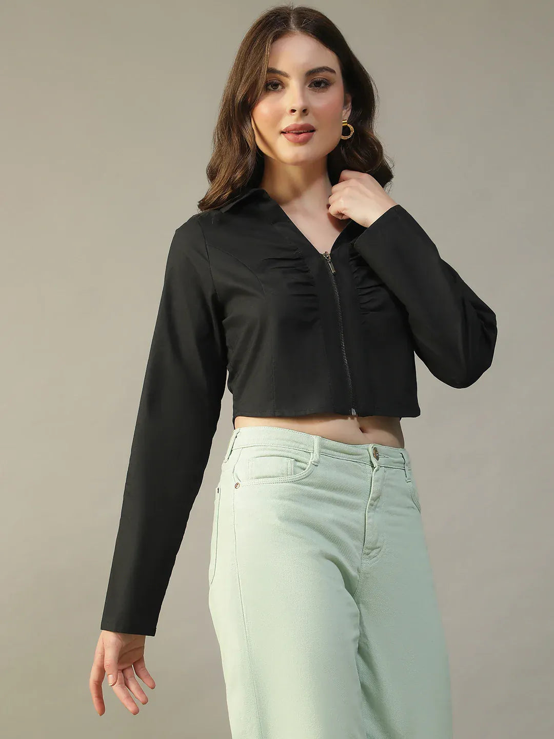Black Cotton Women’s Crop Top with Collar & Zip Front