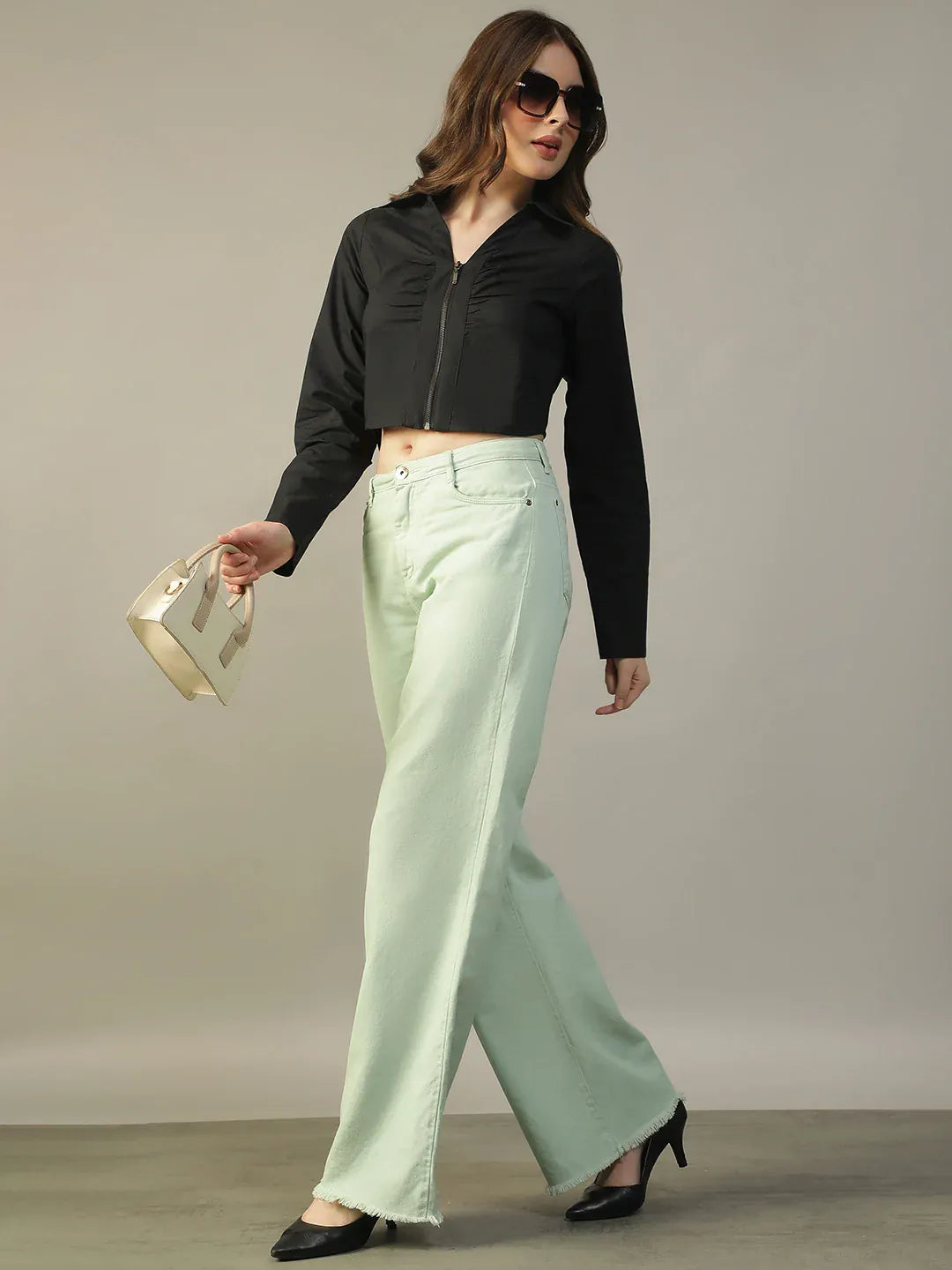 Black Cotton Women’s Crop Top with Collar & Zip Front