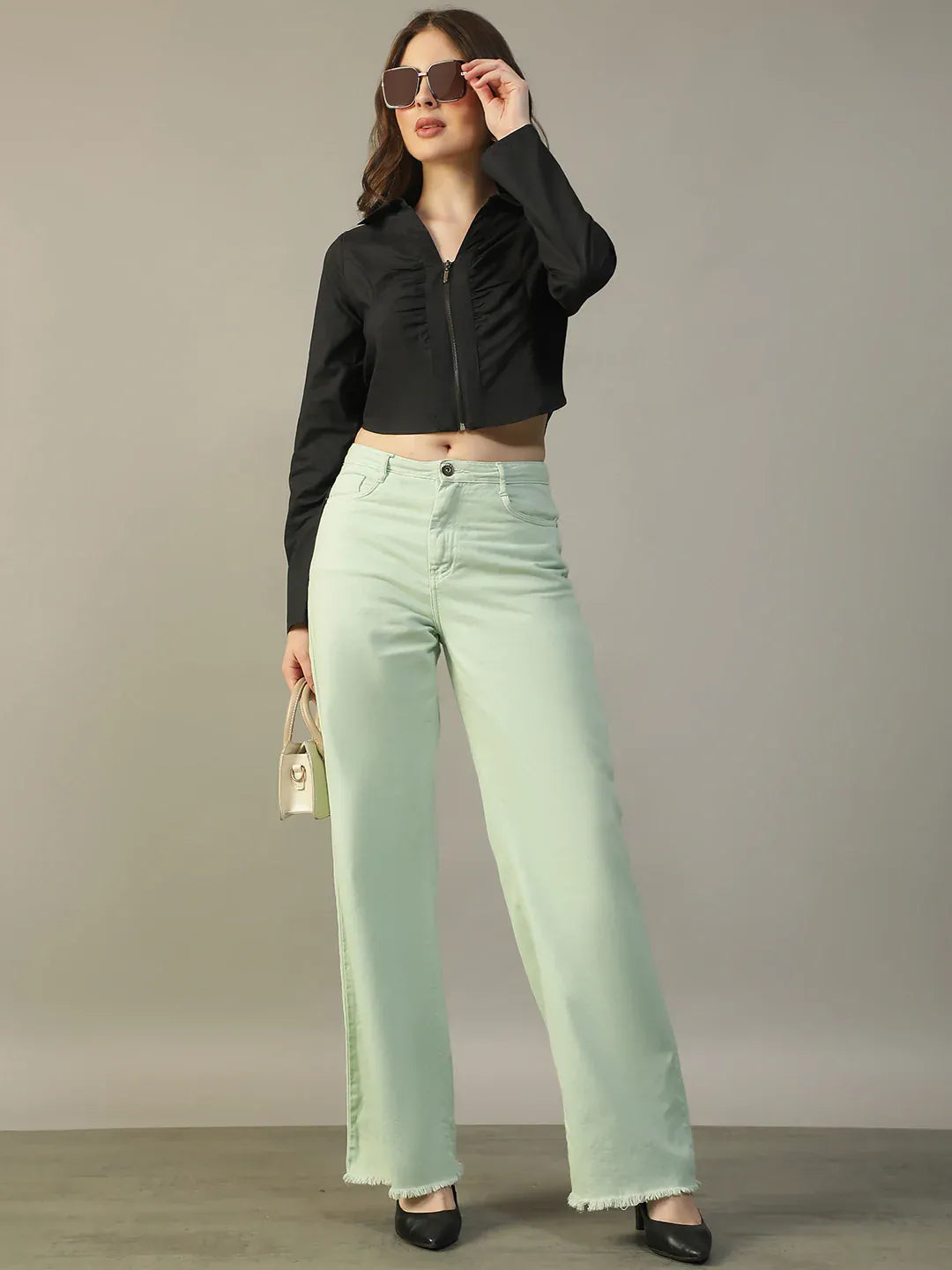 Black Cotton Women’s Crop Top with Collar & Zip Front