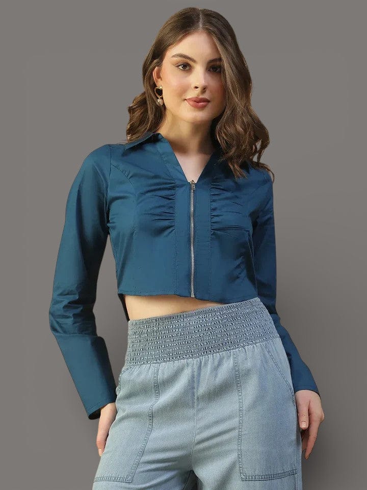 Blue Cotton Women’s Crop Top with Collar & Zip Front