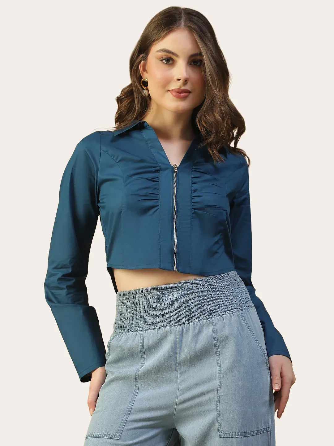 Blue Cotton Women’s Crop Top with Collar & Zip Front