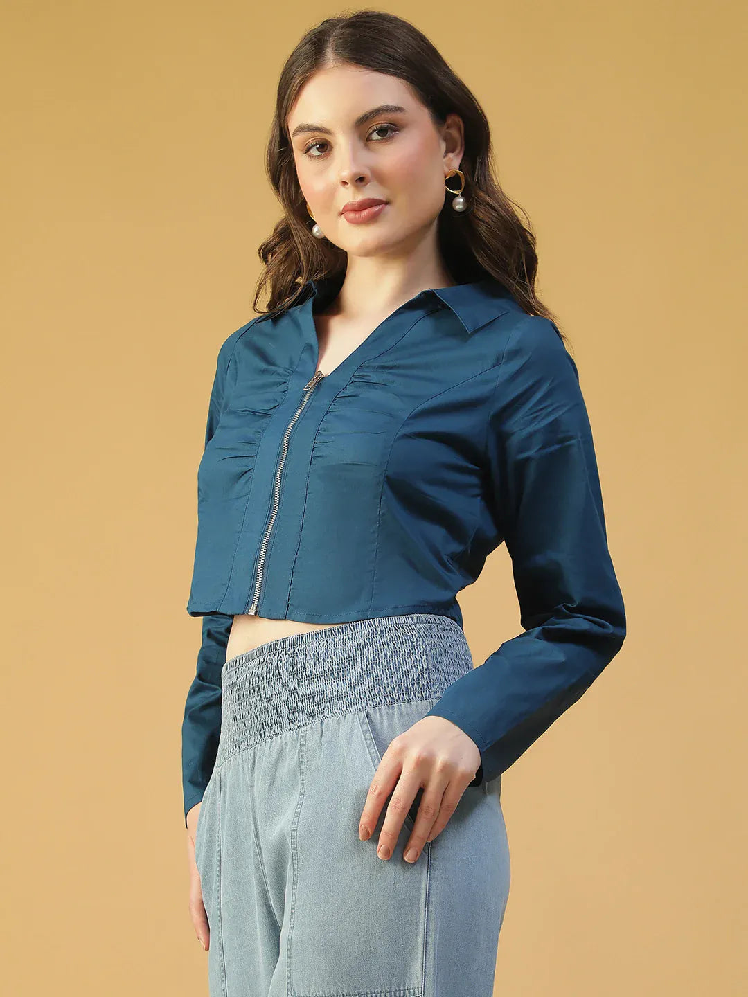 Blue Cotton Women’s Crop Top with Collar & Zip Front