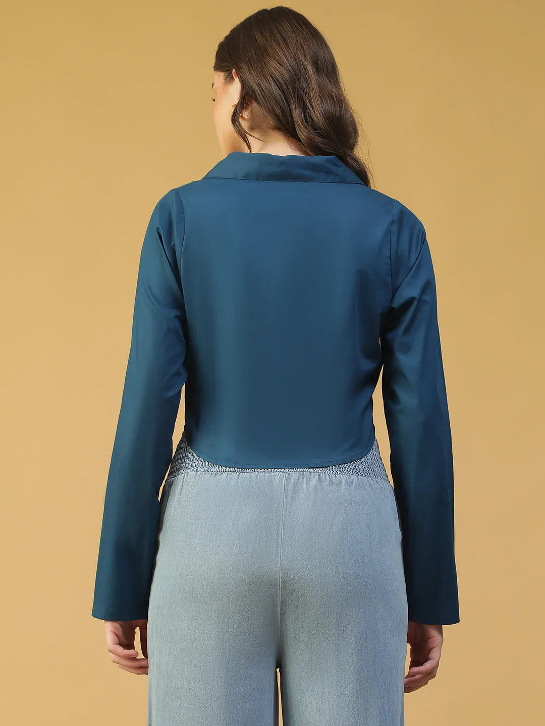 Blue Cotton Women’s Crop Top with Collar & Zip Front