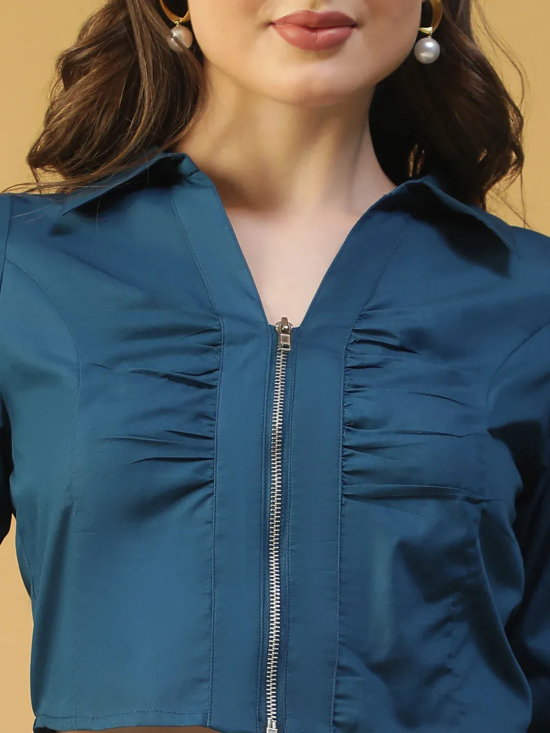 Blue Cotton Women’s Crop Top with Collar & Zip Front