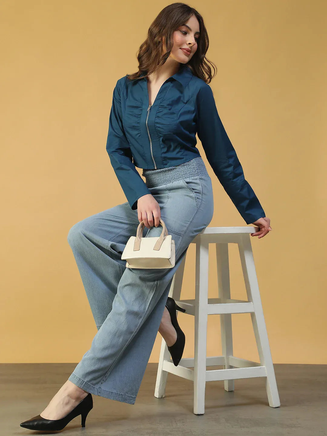 Blue Cotton Women’s Crop Top with Collar & Zip Front