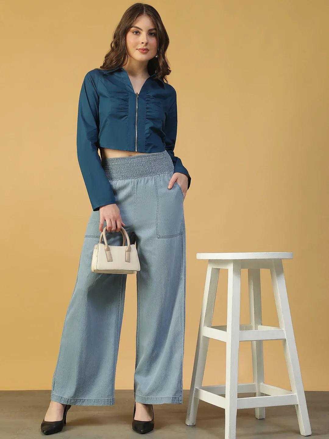 Blue Cotton Women’s Crop Top with Collar & Zip Front