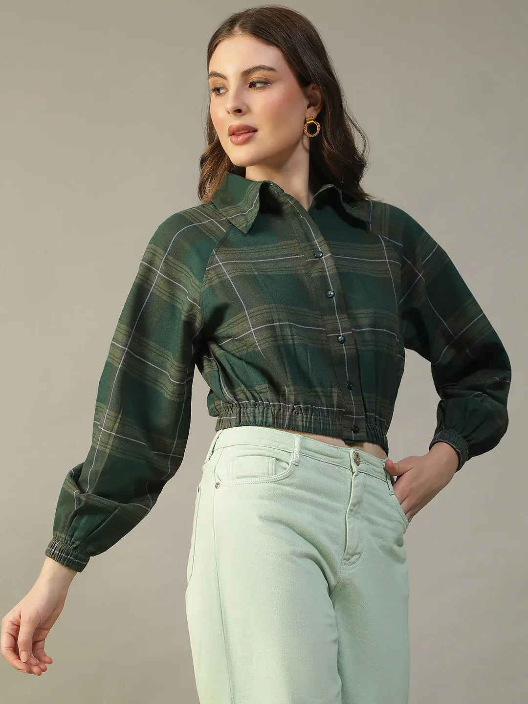 Green Women’s Shirt with Collar & Button-Down Front