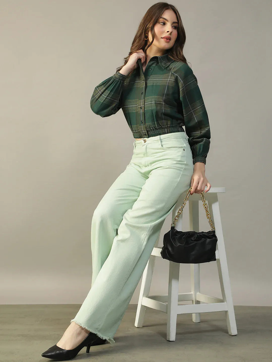Green Women’s Shirt with Collar & Button-Down Front