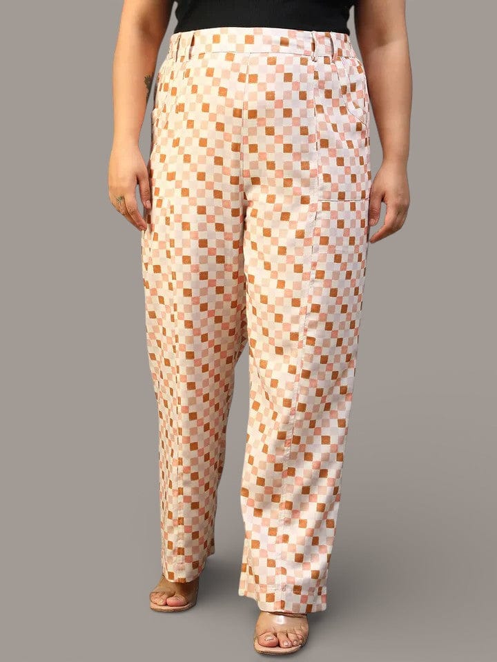 Women Plus Size Multicolor Check Print Elasticated Pants