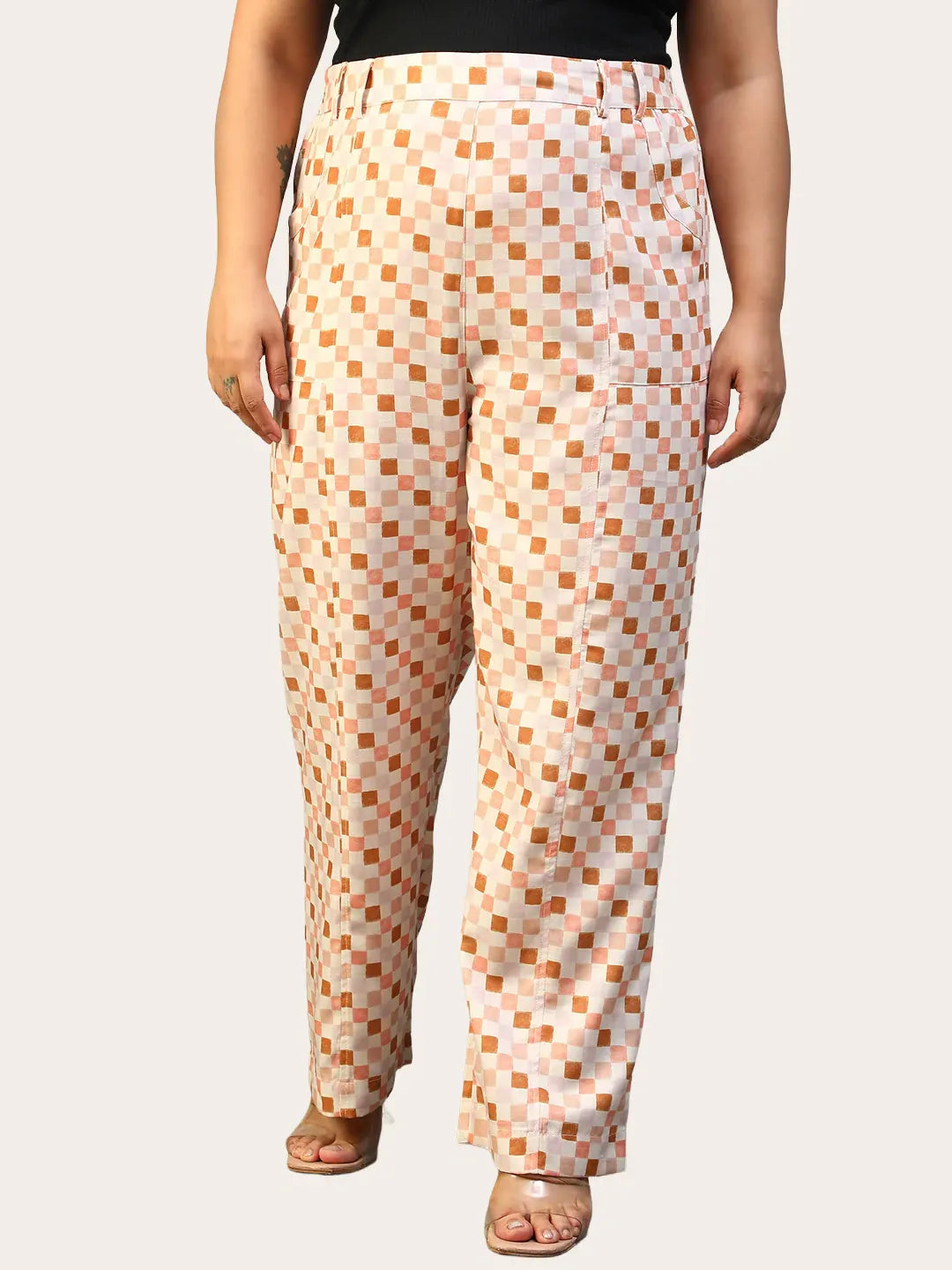 Women Plus Size Multicolor Check Print Elasticated Pants