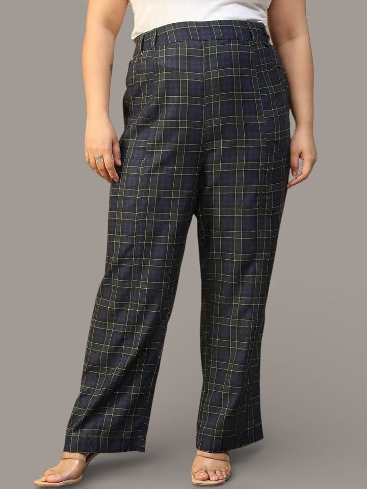 Women Plus Size Blue Check Print Elasticated Pants