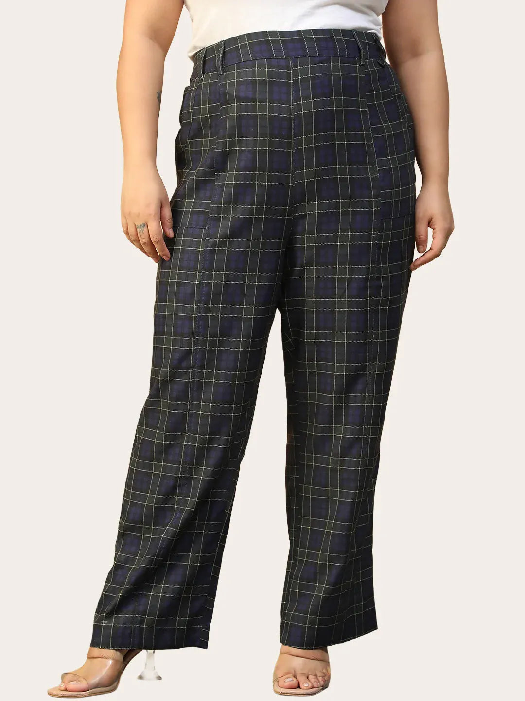 Women Plus Size Blue Check Print Elasticated Pants