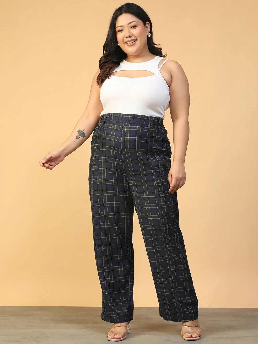 Women Plus Size Blue Check Print Elasticated Pants