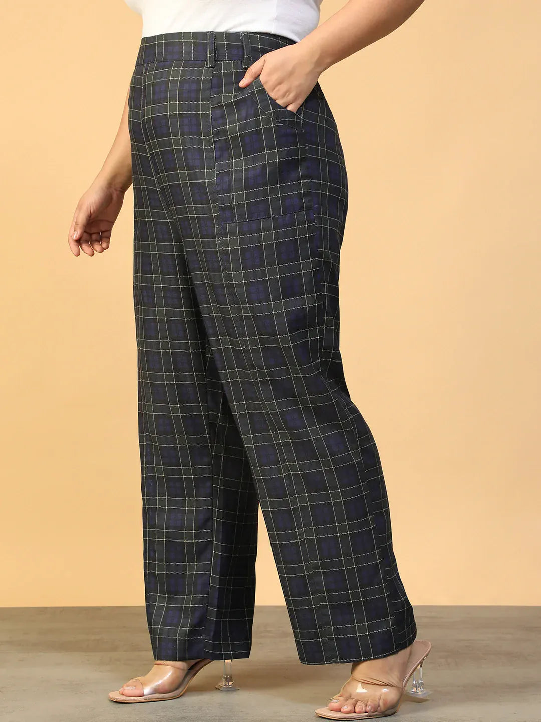 Women Plus Size Blue Check Print Elasticated Pants