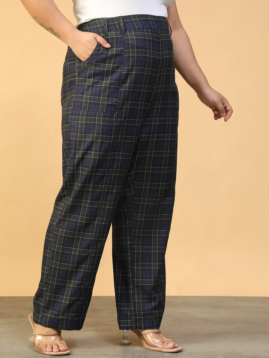 Women Plus Size Blue Check Print Elasticated Pants