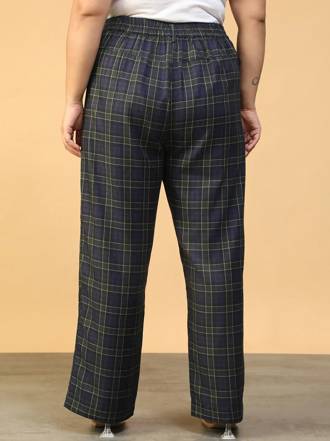 Women Plus Size Blue Check Print Elasticated Pants