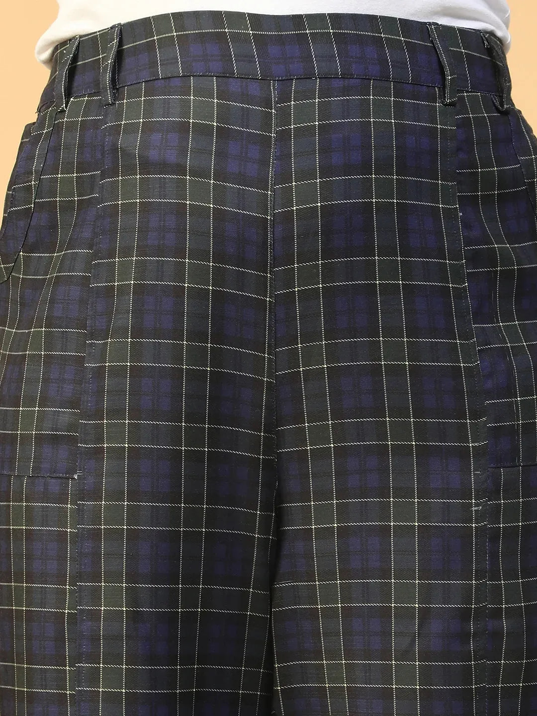 Women Plus Size Blue Check Print Elasticated Pants