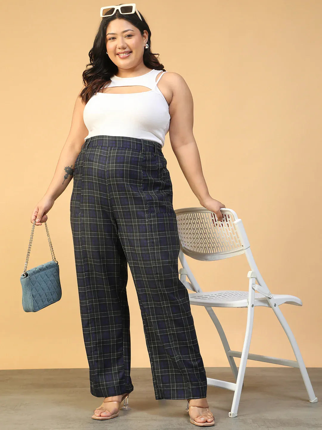 Women Plus Size Blue Check Print Elasticated Pants