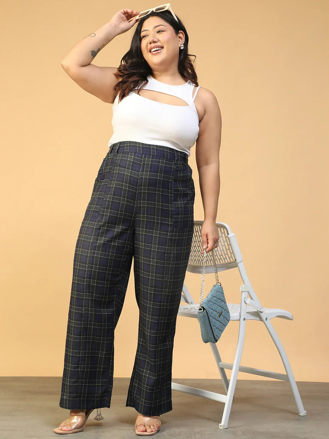 Women Plus Size Blue Check Print Elasticated Pants