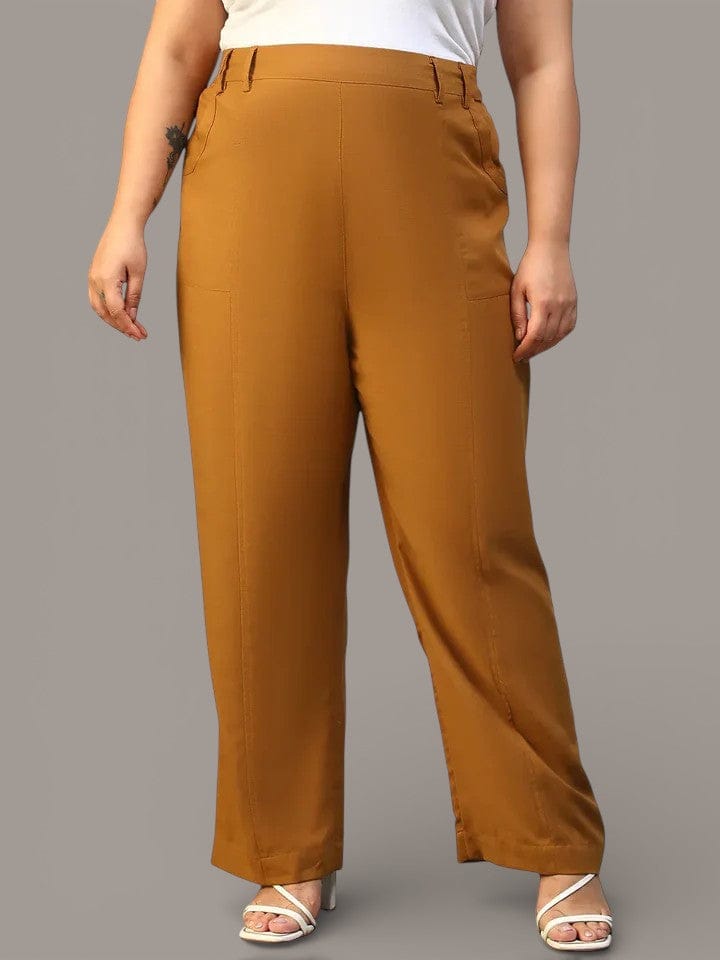 Women Plus Size Solid Mustard Elasticated Pants