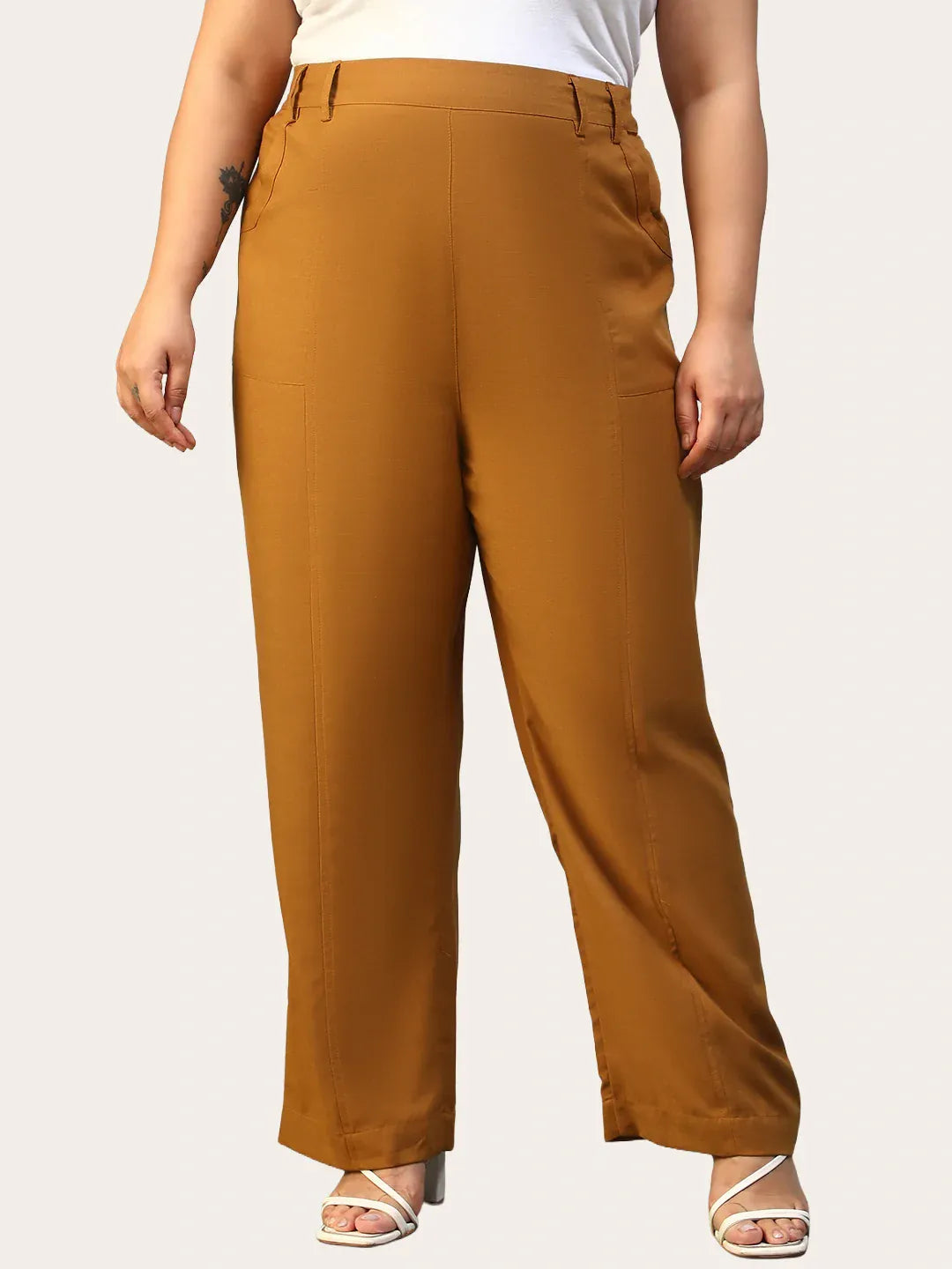 Women Plus Size Solid Mustard Elasticated Pants