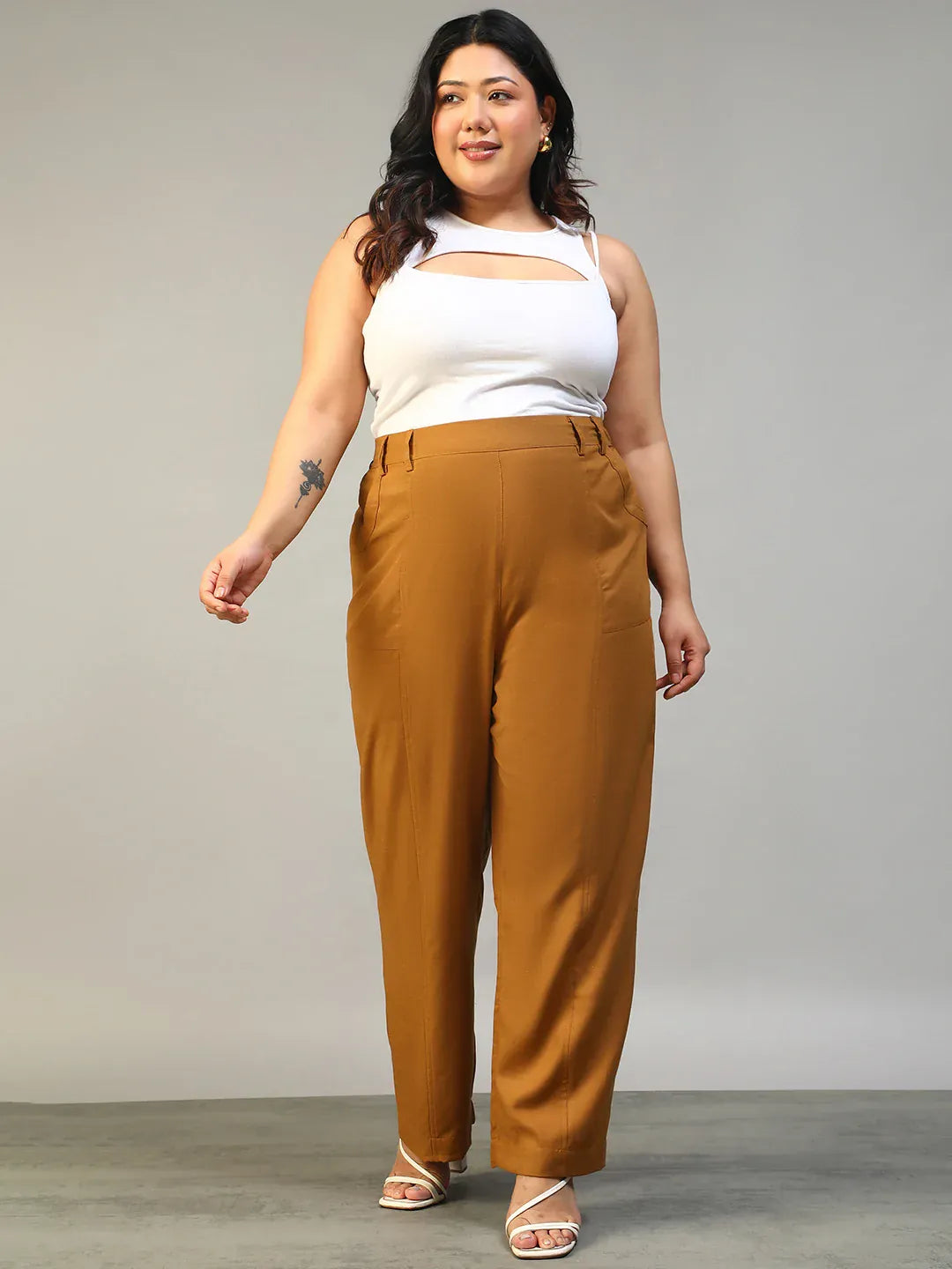 Women Plus Size Solid Mustard Elasticated Pants