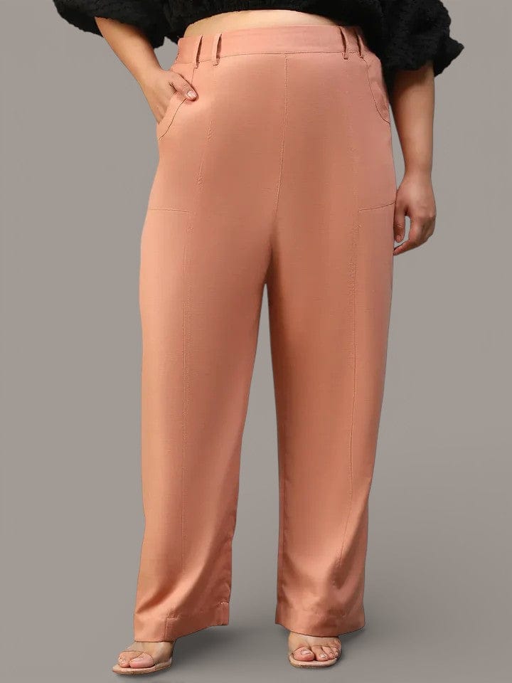 Women Plus Size Solid Peach Elasticated Pants
