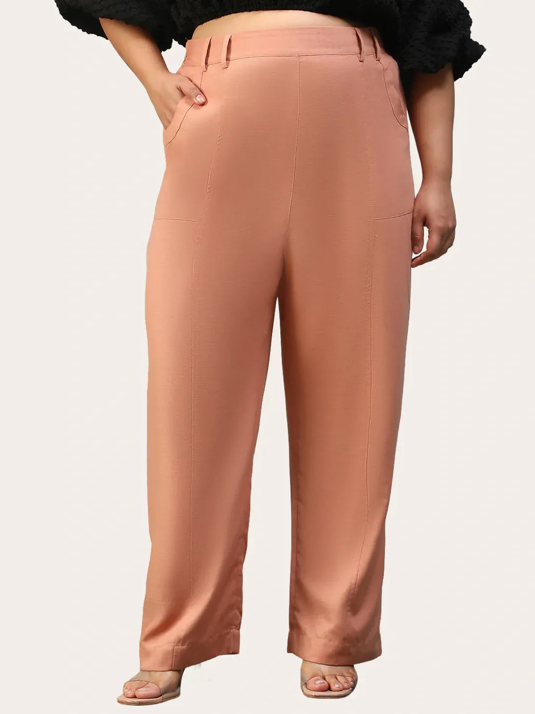 Women Plus Size Solid Peach Elasticated Pants