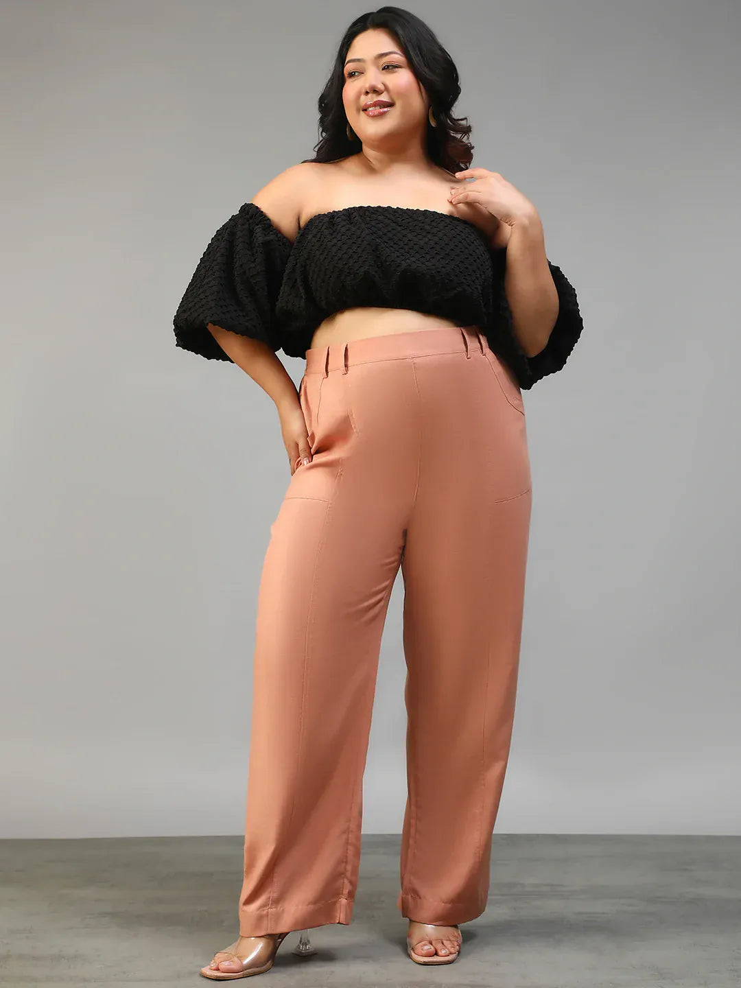 Women Plus Size Solid Peach Elasticated Pants