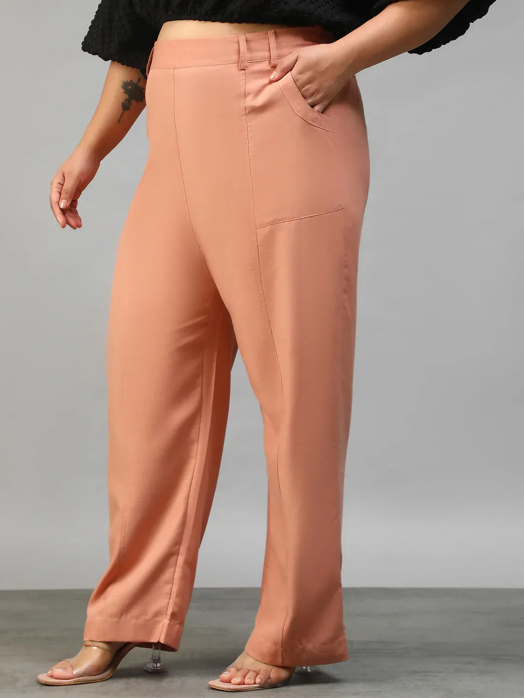 Women Plus Size Solid Peach Elasticated Pants