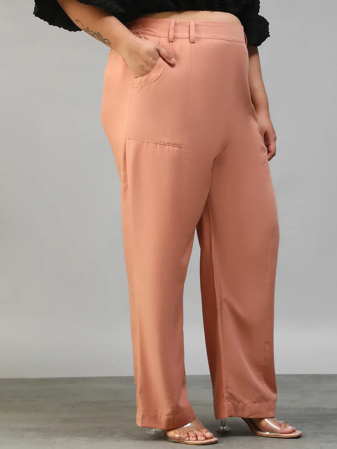 Women Plus Size Solid Peach Elasticated Pants