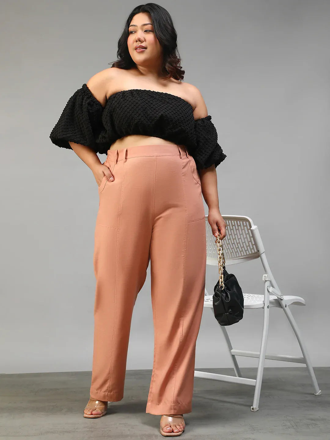 Women Plus Size Solid Peach Elasticated Pants