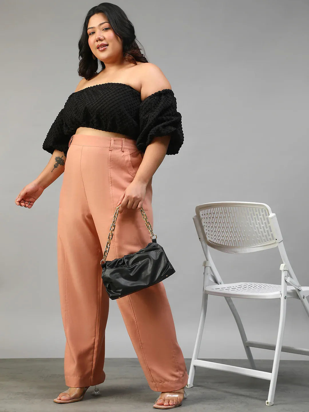 Women Plus Size Solid Peach Elasticated Pants