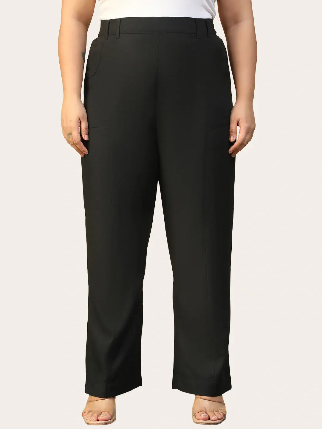 Women Plus Size Solid Black Elasticated Pants