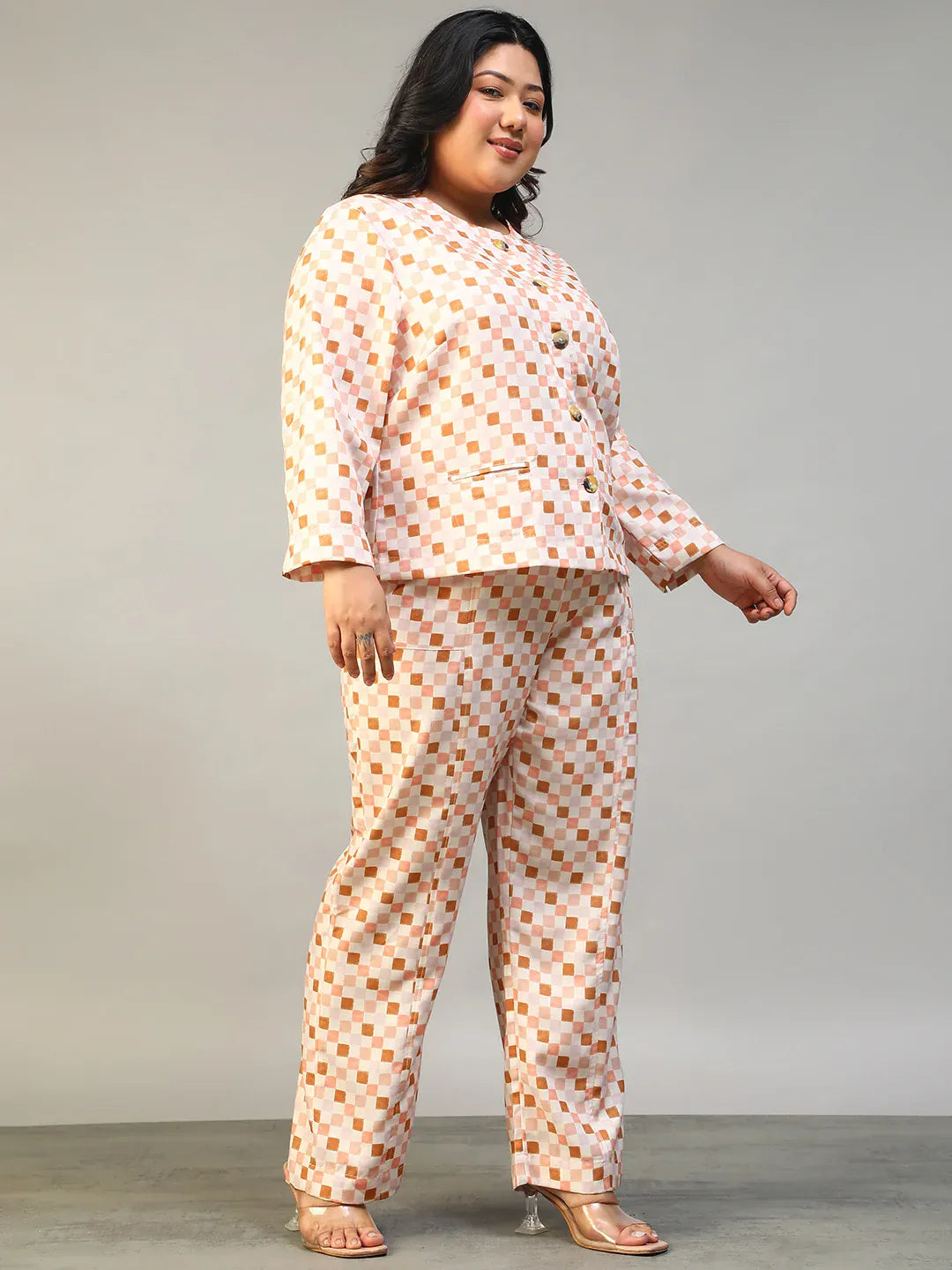 Multicolor Check Plus Size Women's Co-Ord Set