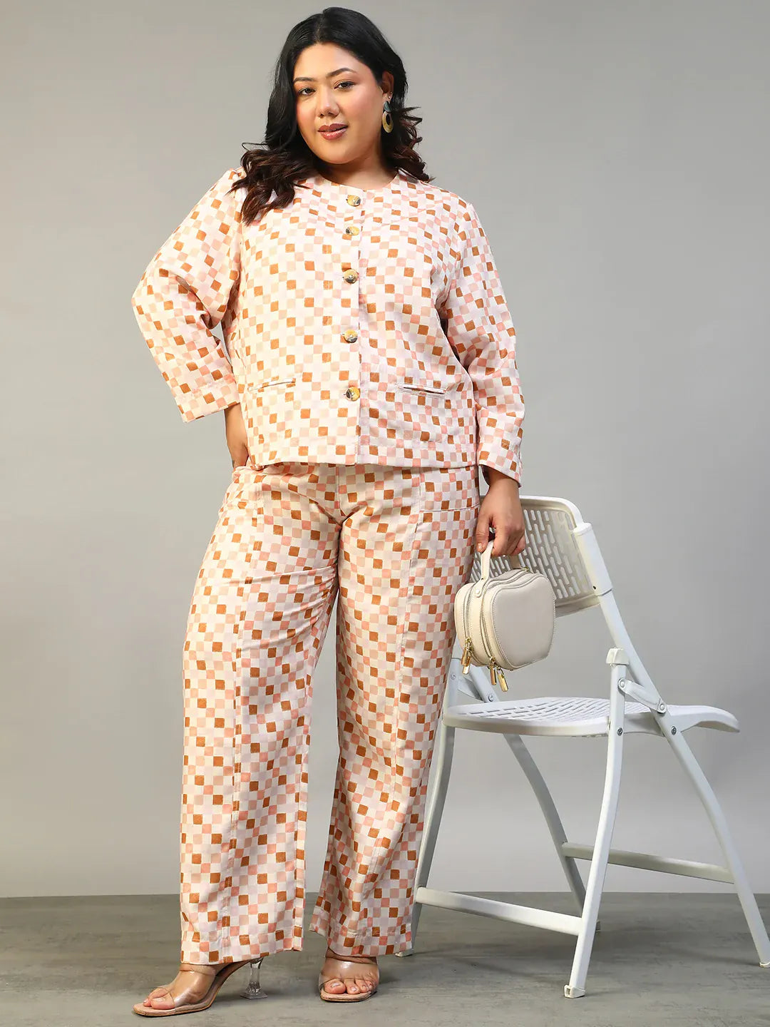 Multicolor Check Plus Size Women's Co-Ord Set