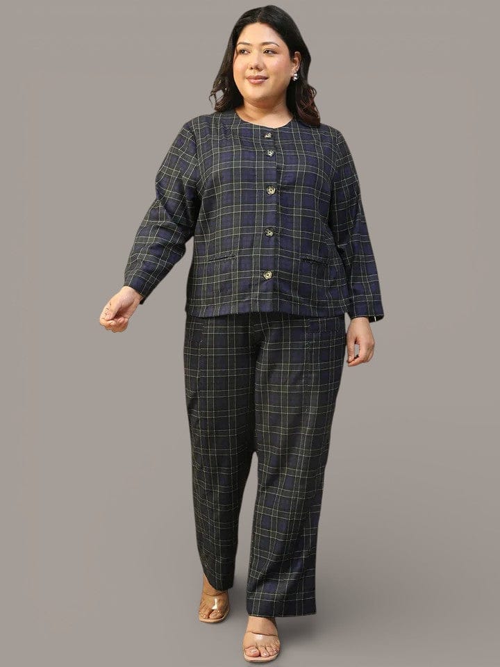 Blue Check Plus Size Co-Ord Set With Button-Down Top
