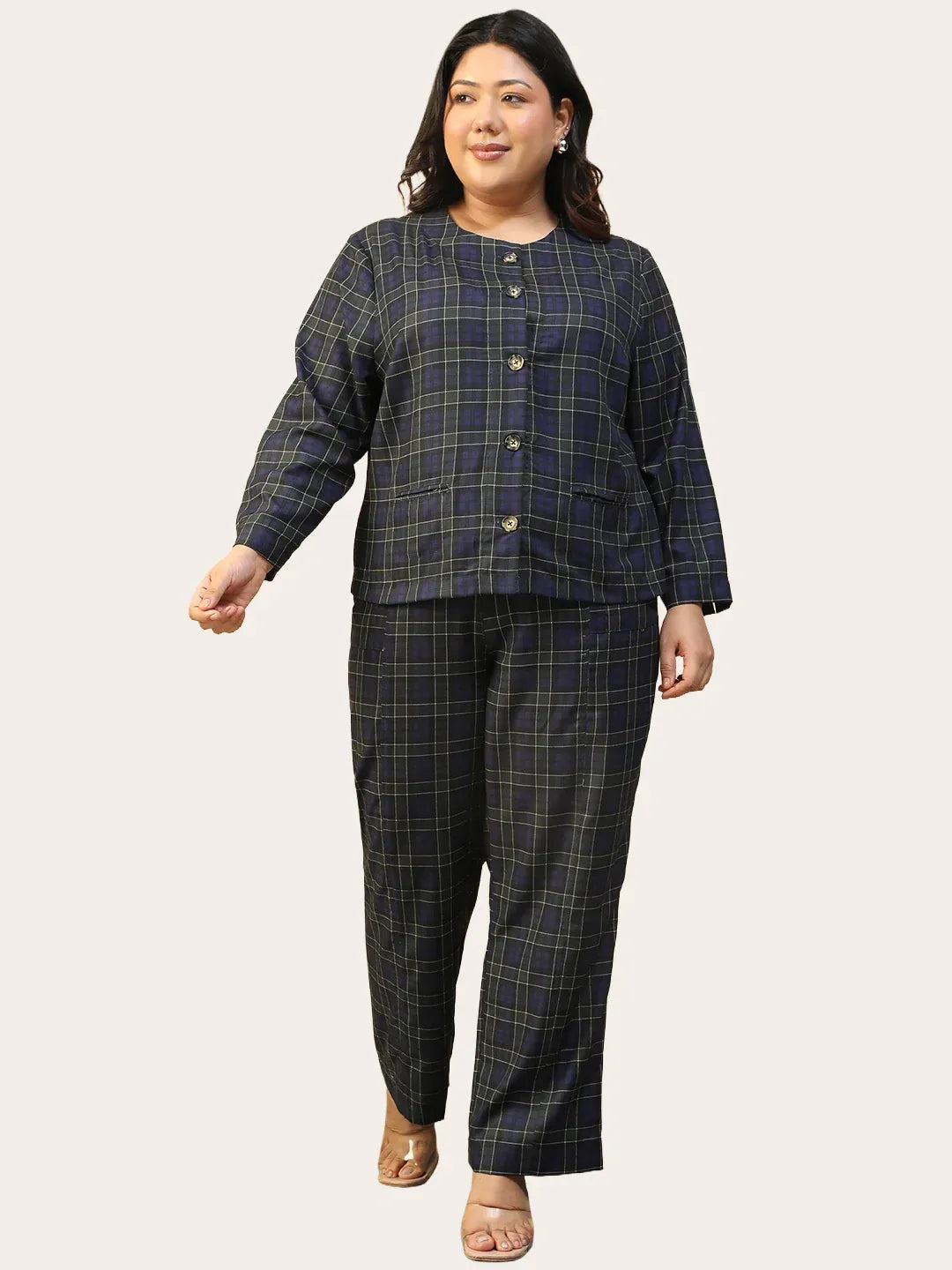 Blue Check Plus Size Co-Ord Set With Button-Down Top