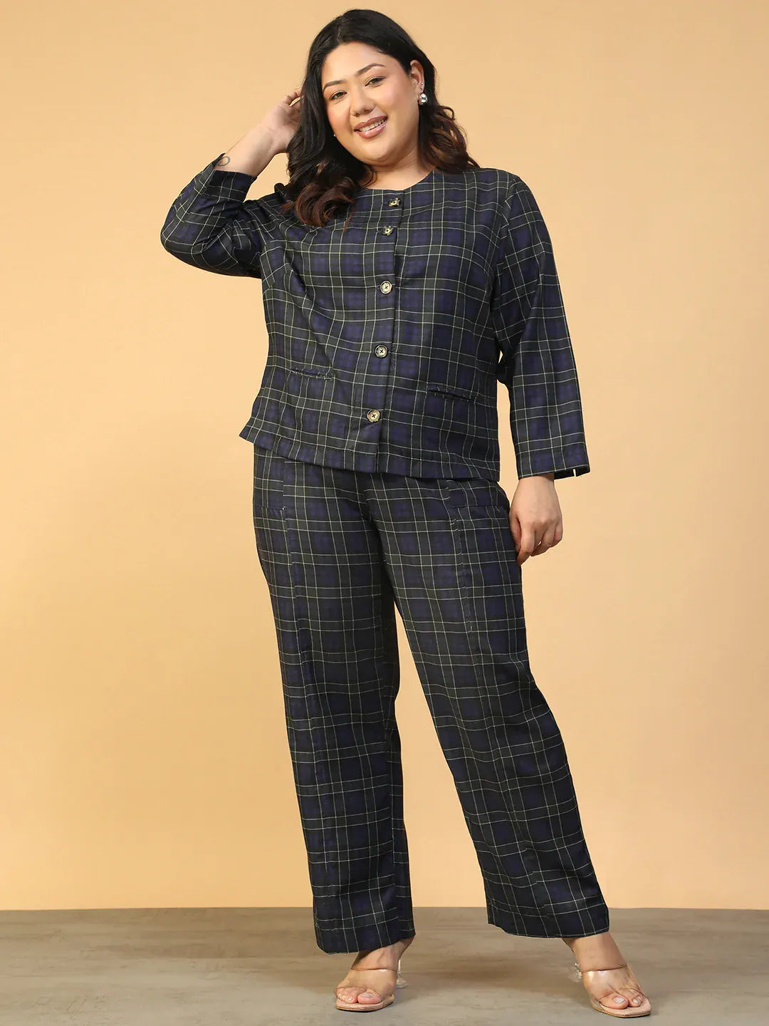 Blue Check Plus Size Co-Ord Set With Button-Down Top