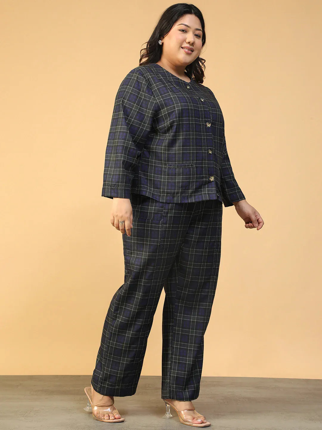 Blue Check Plus Size Co-Ord Set With Button-Down Top