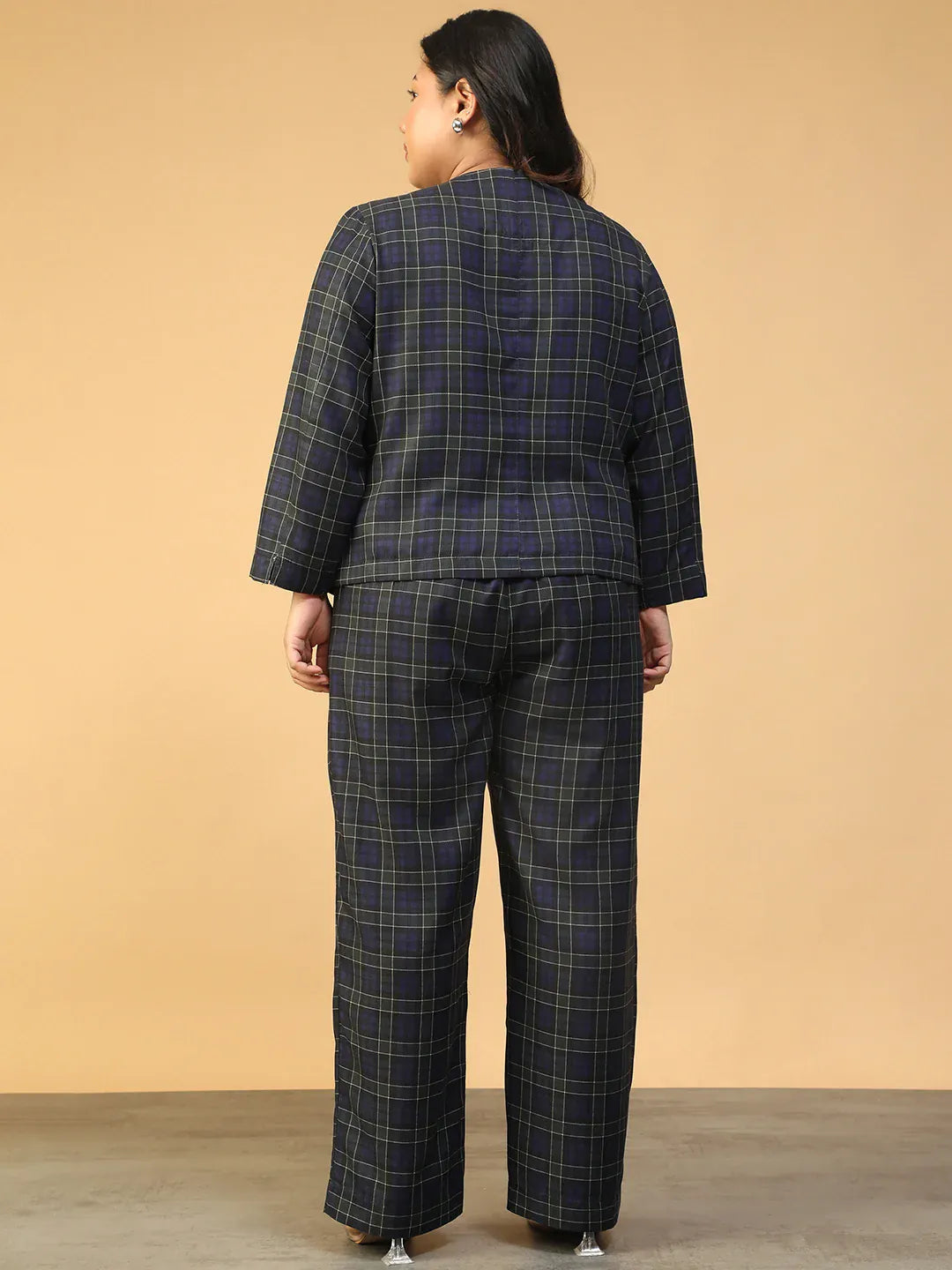 Blue Check Plus Size Co-Ord Set With Button-Down Top