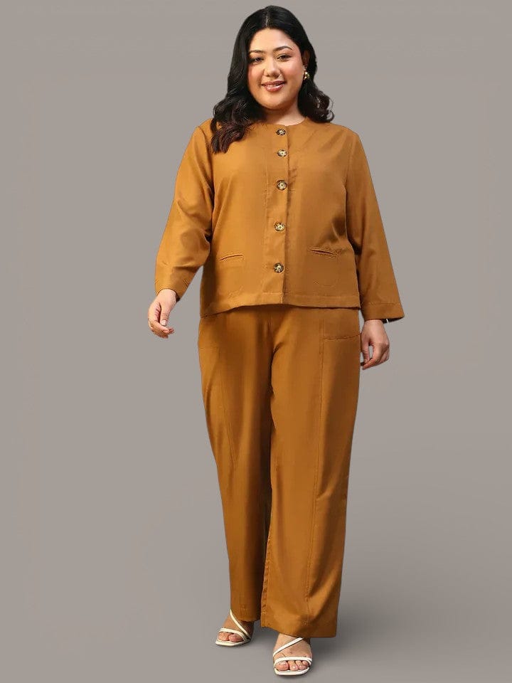 Mustard Plus Size Women Co-Ord Set | Button-Down Top & Elasticated Pants