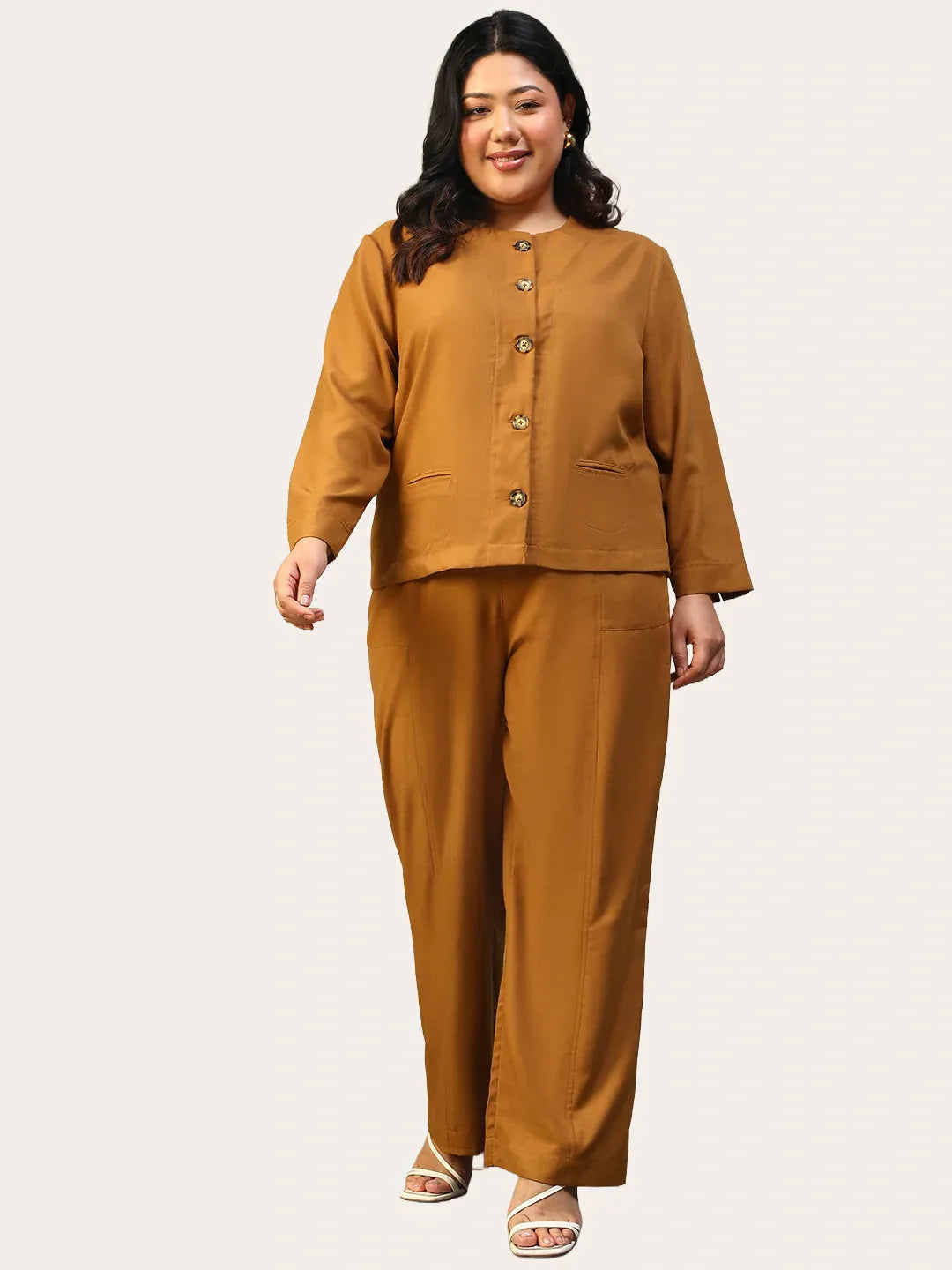 Mustard Plus Size Women Co-Ord Set | Button-Down Top & Elasticated Pants