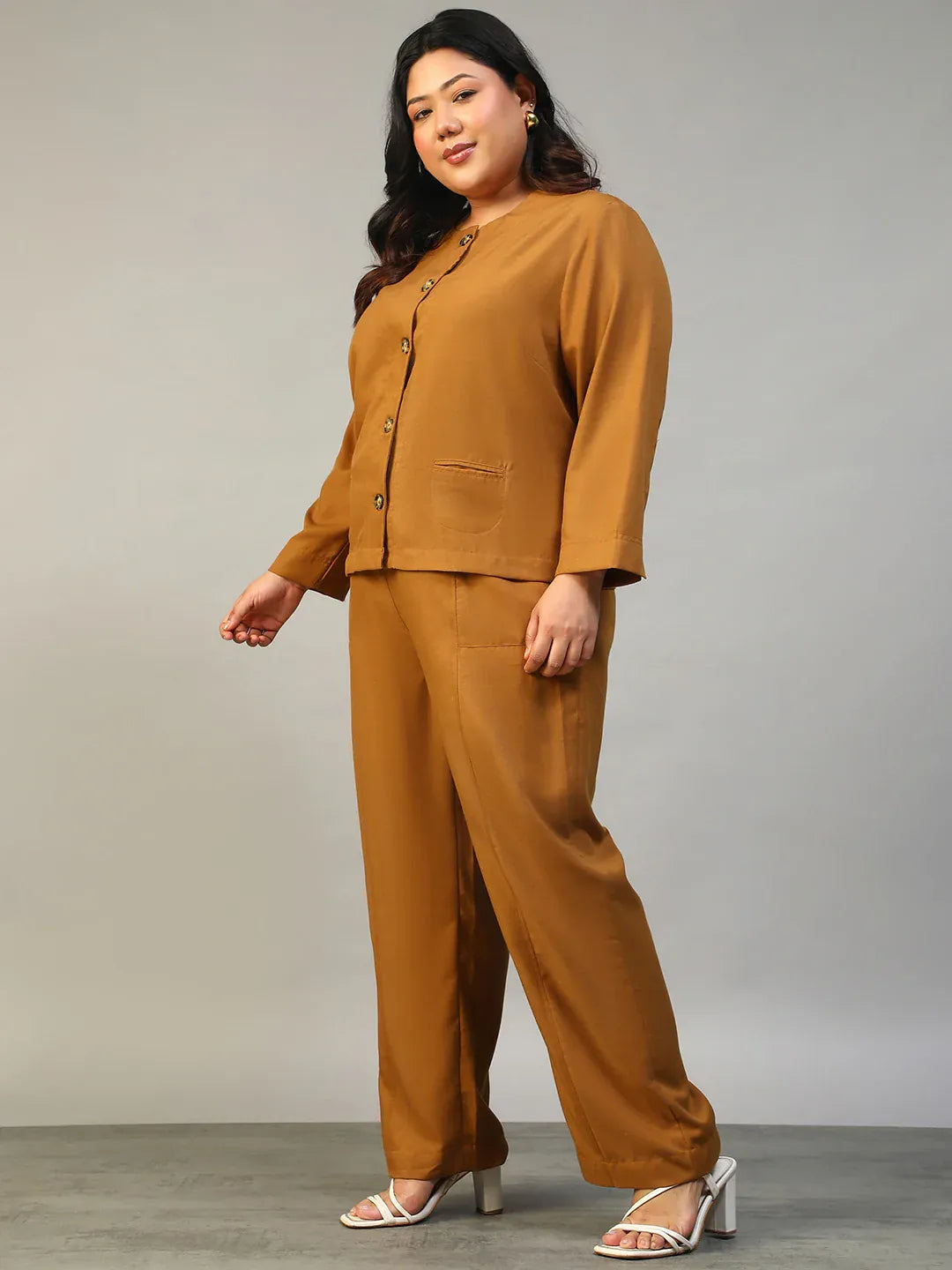 Mustard Plus Size Women Co-Ord Set | Button-Down Top & Elasticated Pants