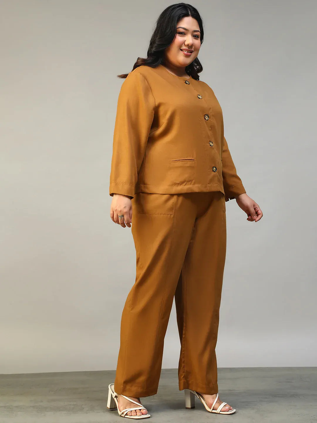 Mustard Plus Size Women Co-Ord Set | Button-Down Top & Elasticated Pants