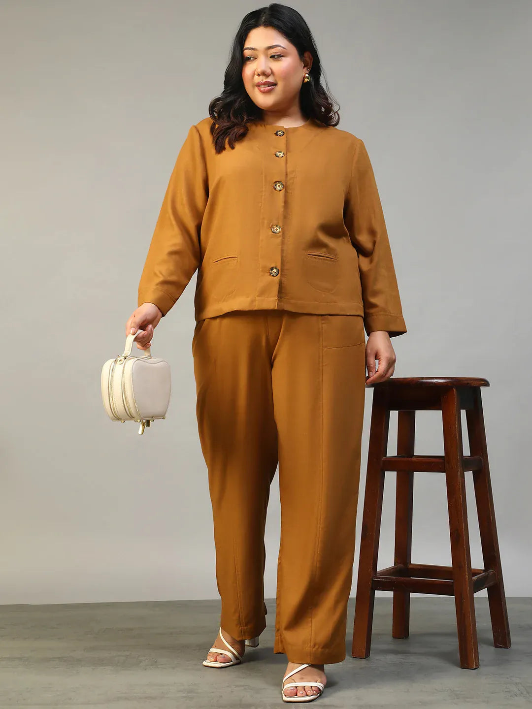Mustard Plus Size Women Co-Ord Set | Button-Down Top & Elasticated Pants