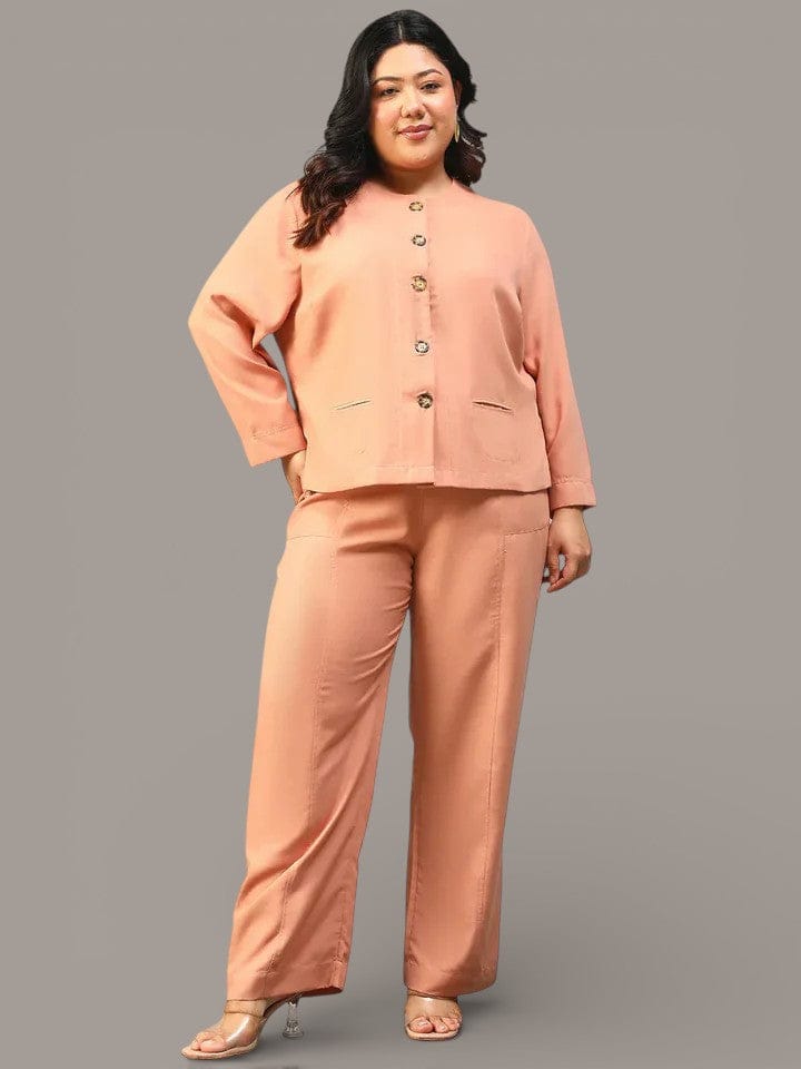 Peach Plus Size Women Co-Ord Set With Button-Down Top