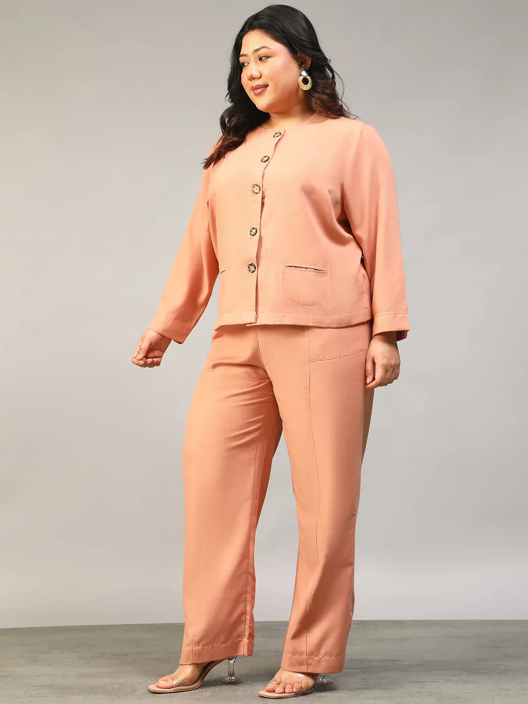 Peach Plus Size Women Co-Ord Set With Button-Down Top