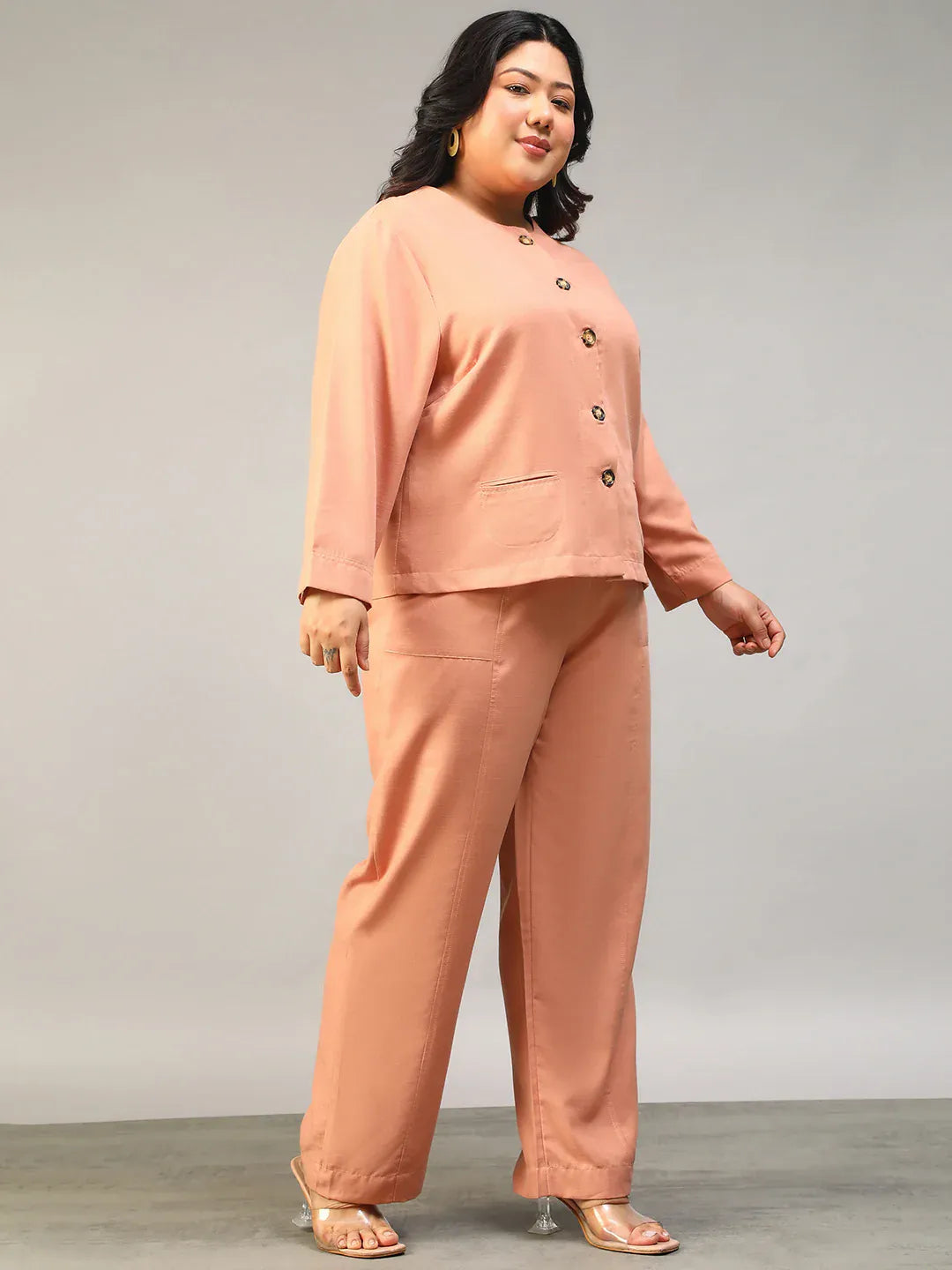 Peach Plus Size Women Co-Ord Set With Button-Down Top