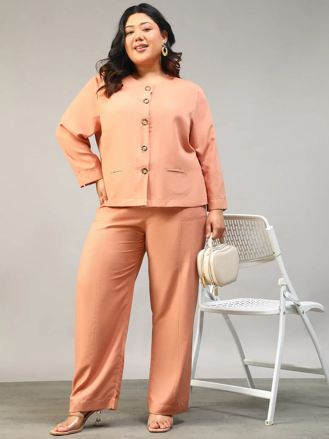 Peach Plus Size Women Co-Ord Set With Button-Down Top